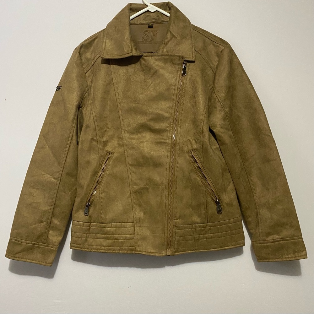 SF Superlative Fashion Faux Suede Jacket Sz Medium Tan Moto Style